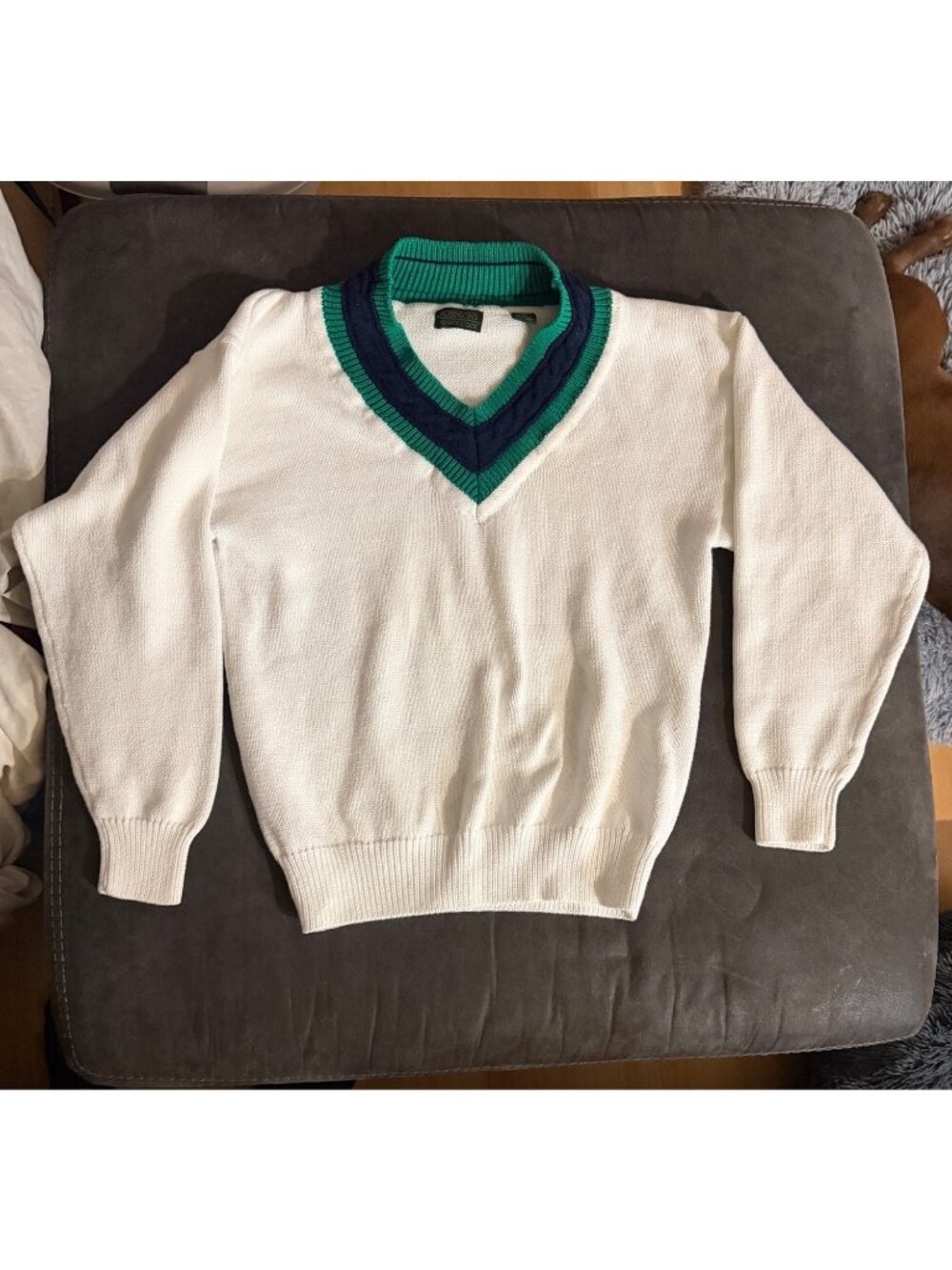 Vintage Robinsons Private Stock Men’s White V-Neck Sweater With Green & Blue Tri